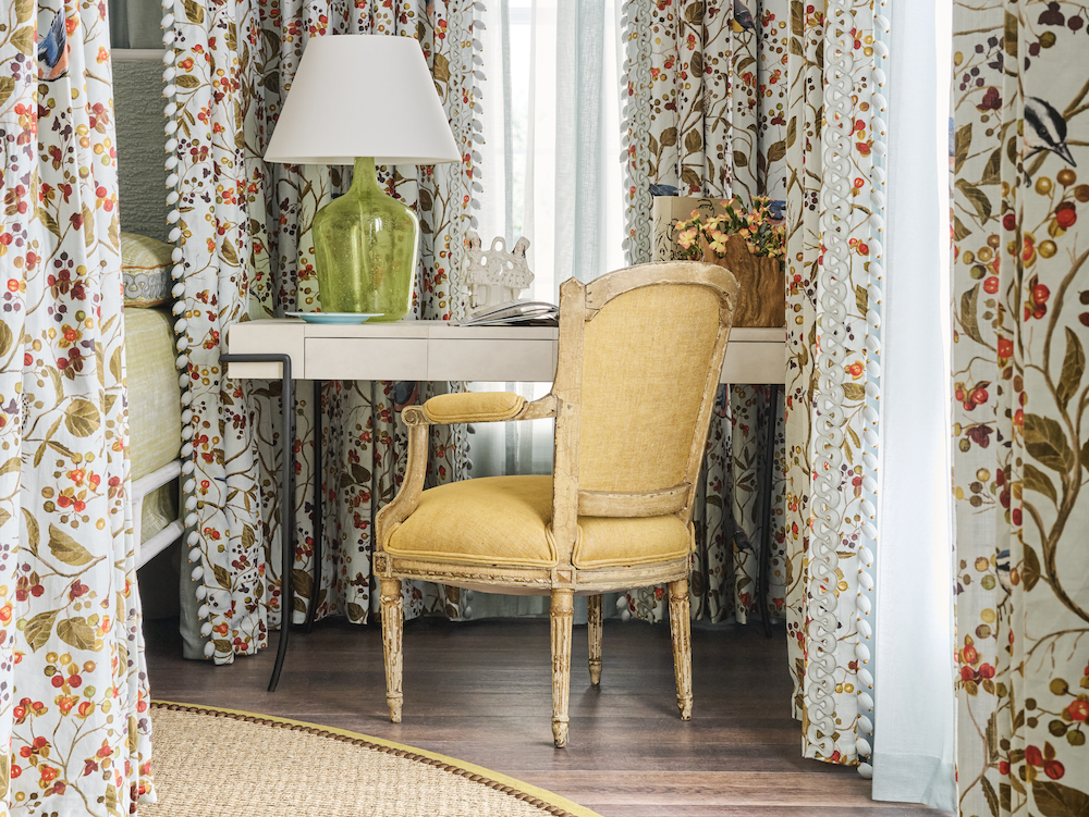 Birds & Bittervine drapes with Cacao Nut trim by Barry Dixon for Vervain